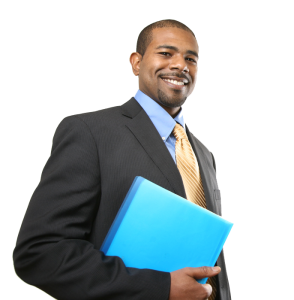 Smiling businessman with blue folder.